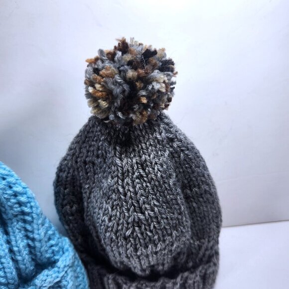 Hand Knitted Youth Hats Lot of 2 Unisex one with Pom Pom Grey and Blue - Picture 3 of 5